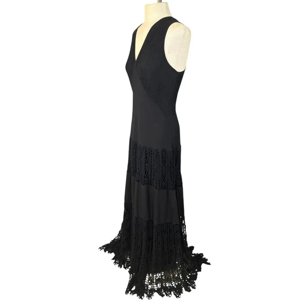 VTG Y2K Black Cotton Boho Maxi Dress Medium Smocked Crochet Knit‎ Slip Casual
